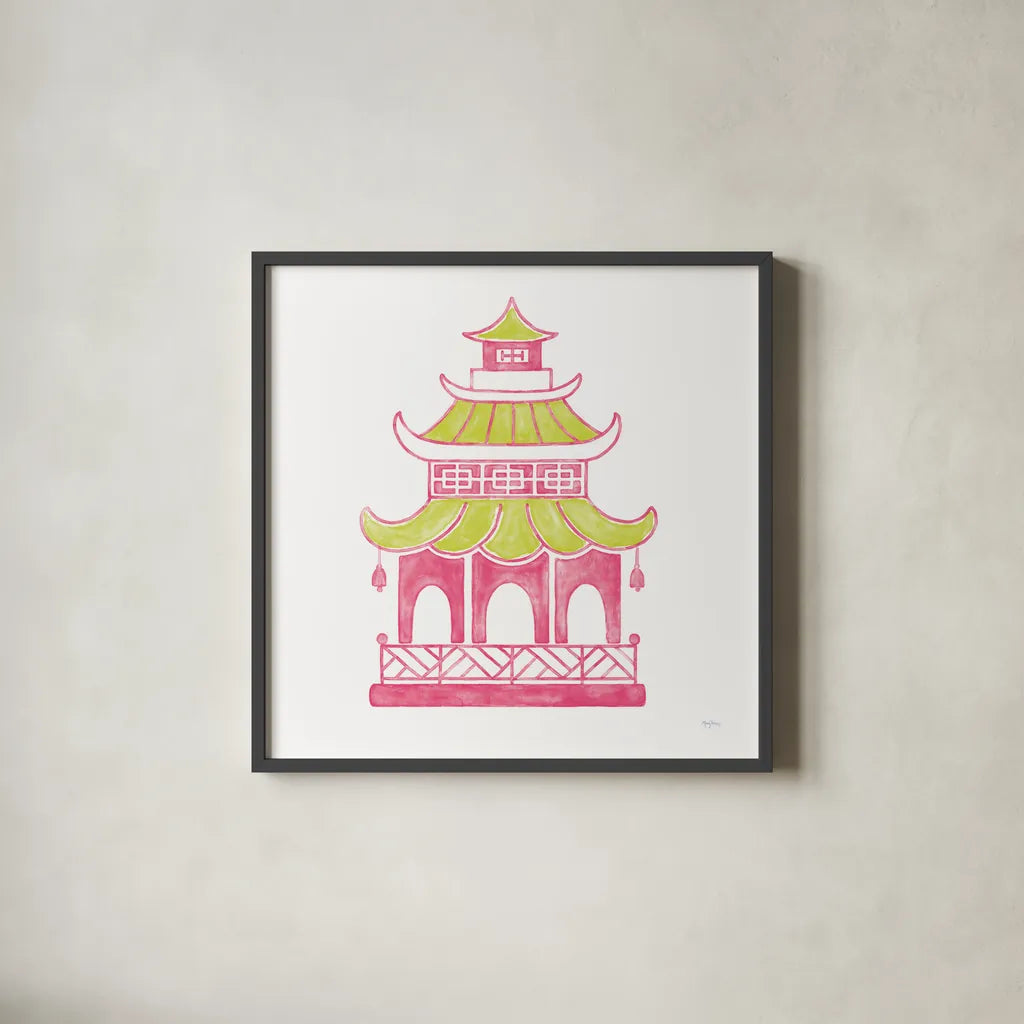 Everyday Chinoiserie IV Pink by Mary Urban. Shown in a sleek black glass frame for a contemporary gallery look. Available as an archival giclee rolled canvas, fine art paper, or poster print. SKU 55561a.