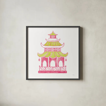 Everyday Chinoiserie IV Pink by Mary Urban. Shown in a sleek black glass frame for a contemporary gallery look. Available as an archival giclee rolled canvas, fine art paper, or poster print. SKU 55561a.