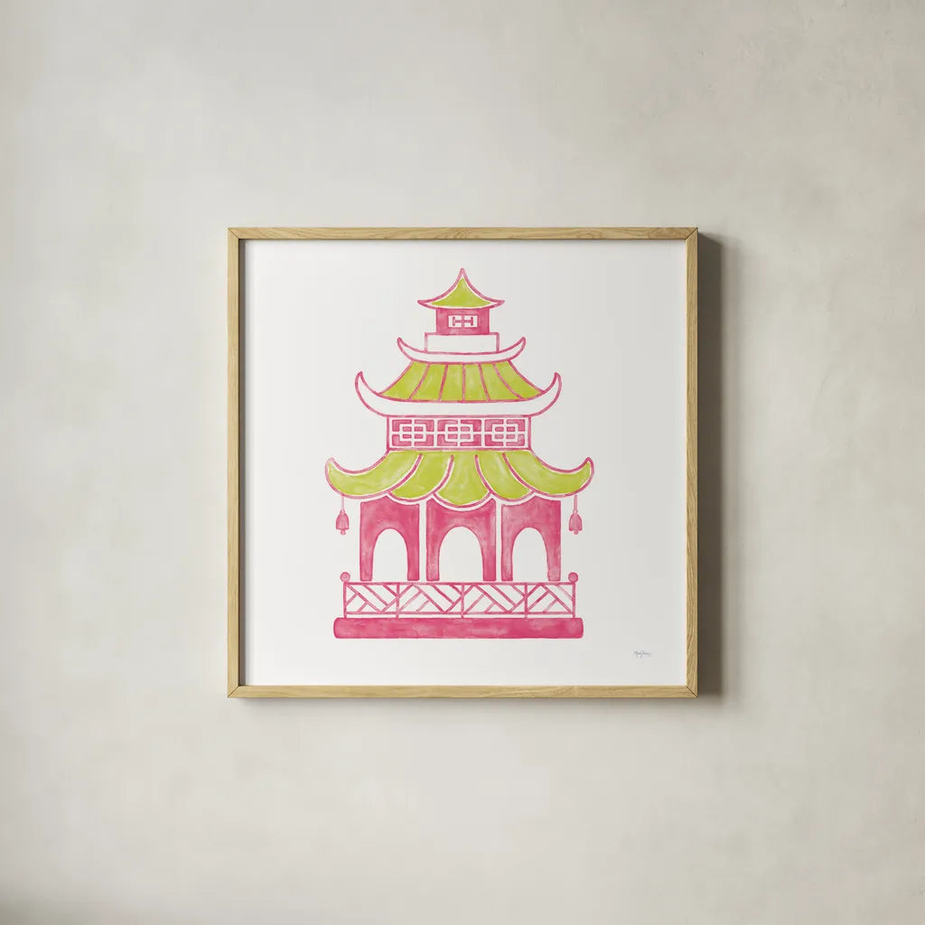 Everyday Chinoiserie IV Pink by Mary Urban. Shown in a natural wood glass frame for a timeless modern aesthetic. Available as an archival giclee rolled canvas, fine art paper, or poster print. SKU 55561a.