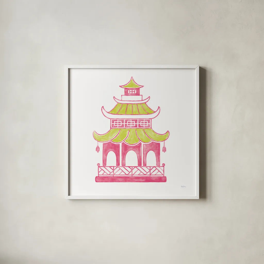 Everyday Chinoiserie IV Pink by Mary Urban. Shown in a crisp white glass frame for a clean and minimalist style. Available as an archival giclee rolled canvas, fine art paper, or poster print. SKU 55561a.