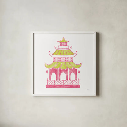 Everyday Chinoiserie IV Pink by Mary Urban. Shown in a crisp white glass frame for a clean and minimalist style. Available as an archival giclee rolled canvas, fine art paper, or poster print. SKU 55561a.
