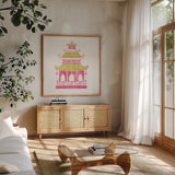 Everyday Chinoiserie IV Pink by Mary Urban. Shown in a natural wood frame in a cozy modern living room. Available as an archival giclee rolled canvas, fine art paper, or poster print. SKU 55561a.