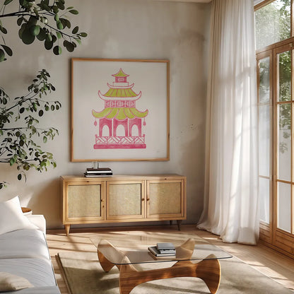 Everyday Chinoiserie IV Pink by Mary Urban. Shown in a natural wood frame in a cozy modern living room. Available as an archival giclee rolled canvas, fine art paper, or poster print. SKU 55561a.