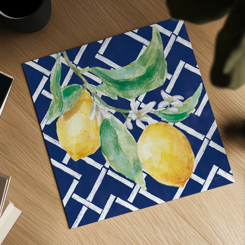 Everyday Chinoiserie Lemons I by Mary Urban. Shown as a detailed flat fine art print, highlighting archival giclee quality. Available as an archival giclee rolled canvas, fine art paper, or poster print. SKU 68943a.