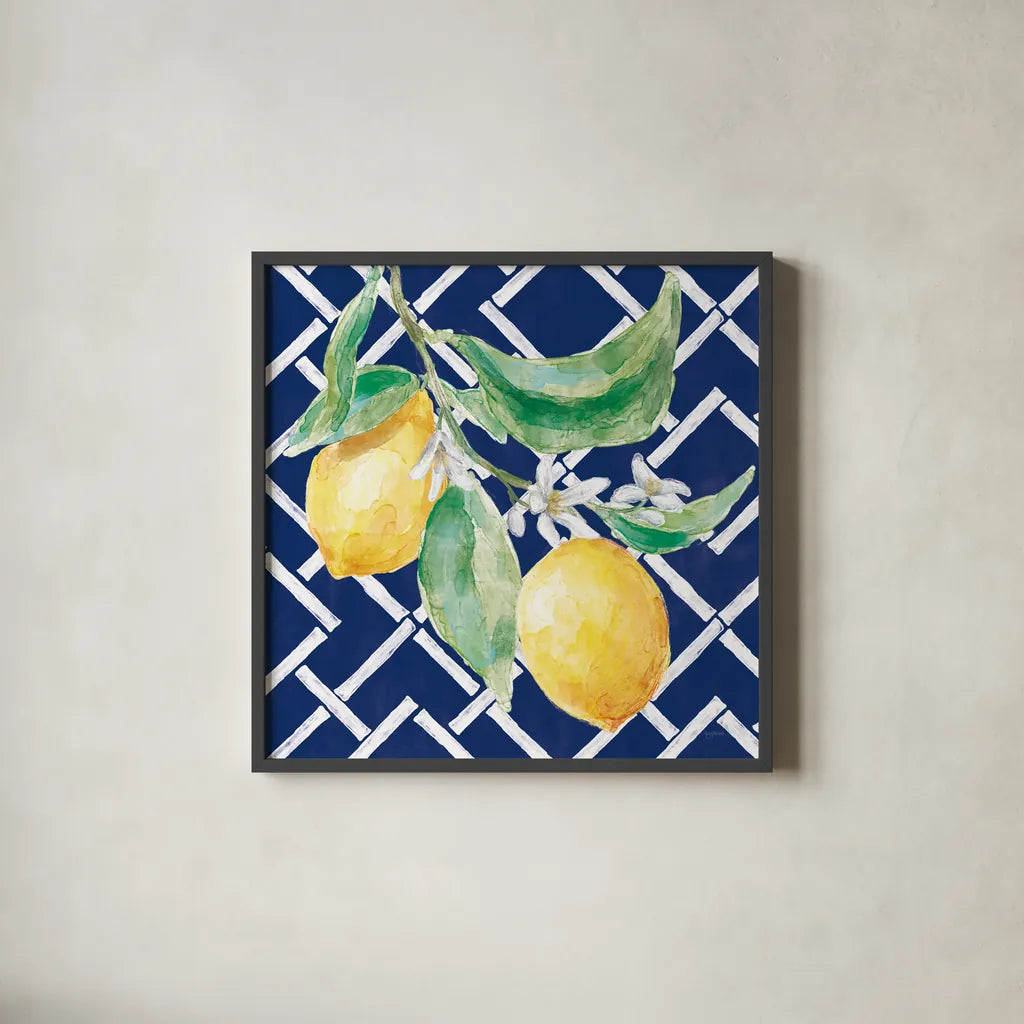 Everyday Chinoiserie Lemons I by Mary Urban. Shown in a sleek black glass frame for a contemporary gallery look. Available as an archival giclee rolled canvas, fine art paper, or poster print. SKU 68943a.