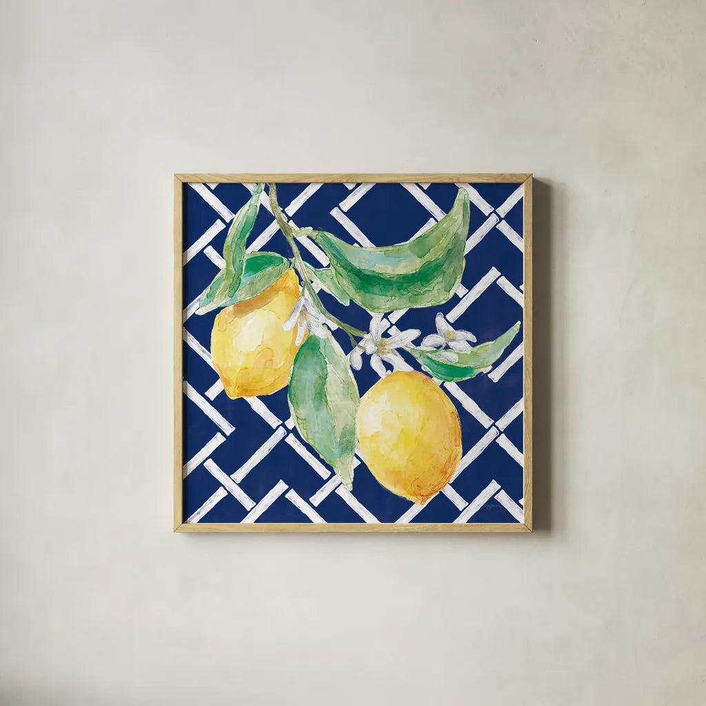 Everyday Chinoiserie Lemons I by Mary Urban. Shown in a natural wood glass frame for a timeless modern aesthetic. Available as an archival giclee rolled canvas, fine art paper, or poster print. SKU 68943a.