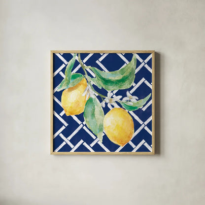 Everyday Chinoiserie Lemons I by Mary Urban. Shown in a natural wood glass frame for a timeless modern aesthetic. Available as an archival giclee rolled canvas, fine art paper, or poster print. SKU 68943a.