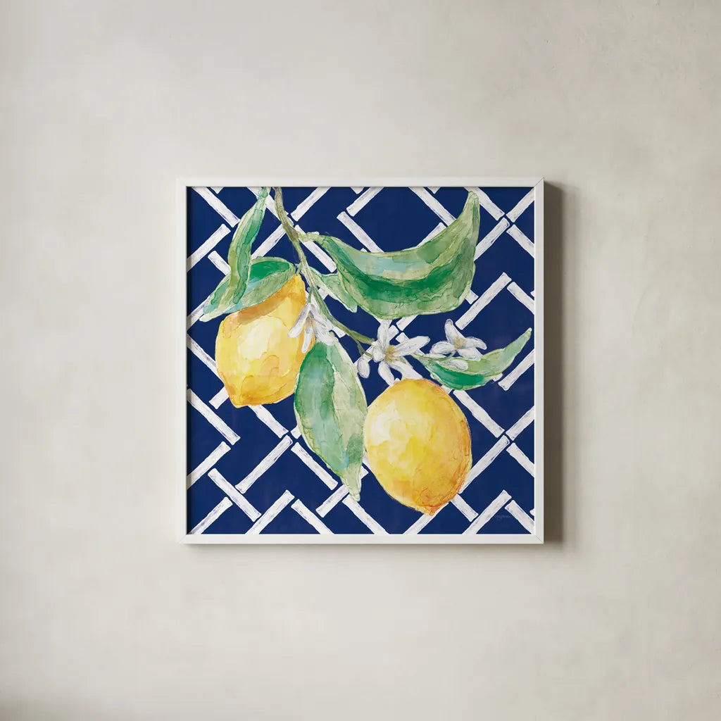 Everyday Chinoiserie Lemons I by Mary Urban. Shown in a crisp white glass frame for a clean and minimalist style. Available as an archival giclee rolled canvas, fine art paper, or poster print. SKU 68943a.