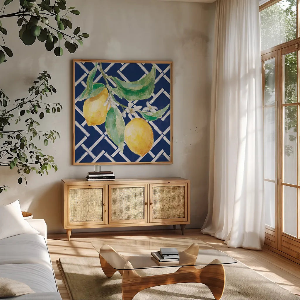 Everyday Chinoiserie Lemons I by Mary Urban. Shown in a natural wood frame in a cozy modern living room. Available as an archival giclee rolled canvas, fine art paper, or poster print. SKU 68943a.