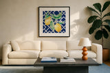 Everyday Chinoiserie Lemons I by Mary Urban. Displayed in a glass frame with matte in a clean modern living room. Available as an archival giclee rolled canvas, fine art paper, or poster print. SKU 68943a.