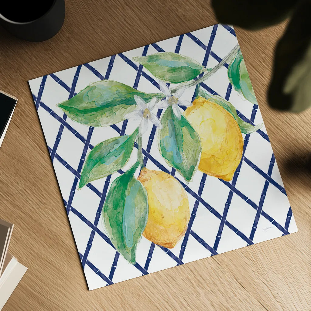 Everyday Chinoiserie Lemons II by Mary Urban. Shown as a detailed flat fine art print, highlighting archival giclee quality. Available as an archival giclee rolled canvas, fine art paper, or poster print. SKU 68944a.