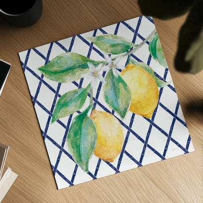 Everyday Chinoiserie Lemons II by Mary Urban. Shown as a detailed flat fine art print, highlighting archival giclee quality. Available as an archival giclee rolled canvas, fine art paper, or poster print. SKU 68944a.