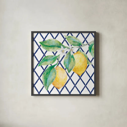 Everyday Chinoiserie Lemons II by Mary Urban. Shown in a sleek black glass frame for a contemporary gallery look. Available as an archival giclee rolled canvas, fine art paper, or poster print. SKU 68944a.
