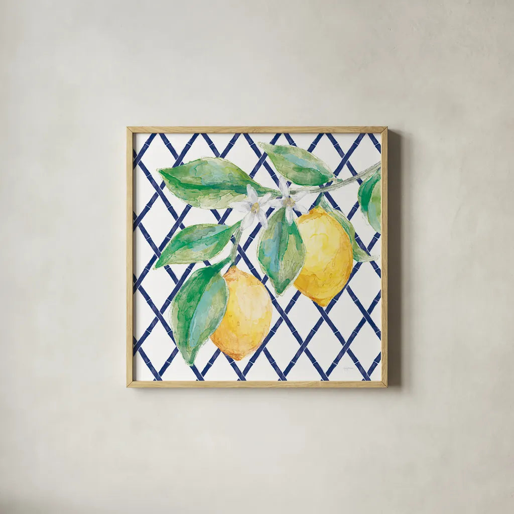 Everyday Chinoiserie Lemons II by Mary Urban. Shown in a natural wood glass frame for a timeless modern aesthetic. Available as an archival giclee rolled canvas, fine art paper, or poster print. SKU 68944a.
