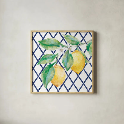 Everyday Chinoiserie Lemons II by Mary Urban. Shown in a natural wood glass frame for a timeless modern aesthetic. Available as an archival giclee rolled canvas, fine art paper, or poster print. SKU 68944a.