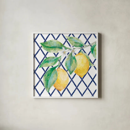 Everyday Chinoiserie Lemons II by Mary Urban. Shown in a crisp white glass frame for a clean and minimalist style. Available as an archival giclee rolled canvas, fine art paper, or poster print. SKU 68944a.