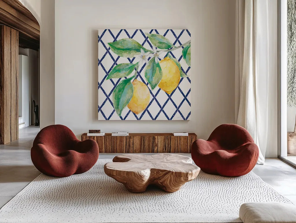 Everyday Chinoiserie Lemons II by Mary Urban. Shown as extra-large giant wall art in a modern living room. Available as an archival giclee rolled canvas, fine art paper, or poster print. SKU 68944a.