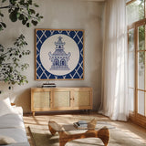 Everyday Chinoiserie V by Mary Urban. Shown in a natural wood frame in a cozy modern living room. Available as an archival giclee rolled canvas, fine art paper, or poster print. SKU 46783a.
