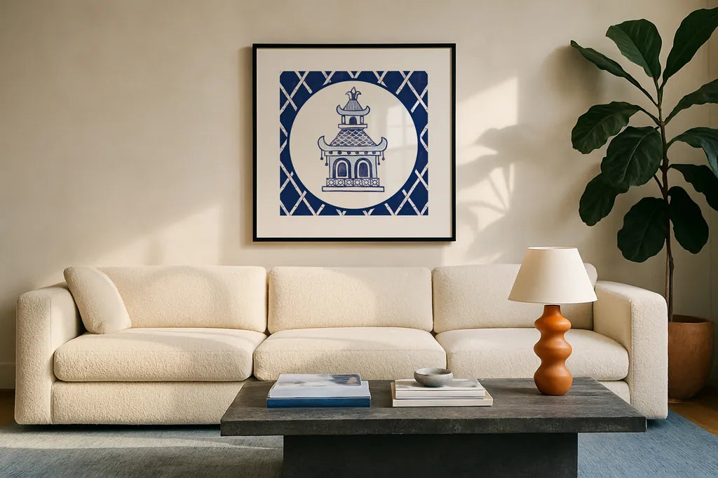 Everyday Chinoiserie V by Mary Urban. Displayed in a glass frame with matte in a clean modern living room. Available as an archival giclee rolled canvas, fine art paper, or poster print. SKU 46783a.