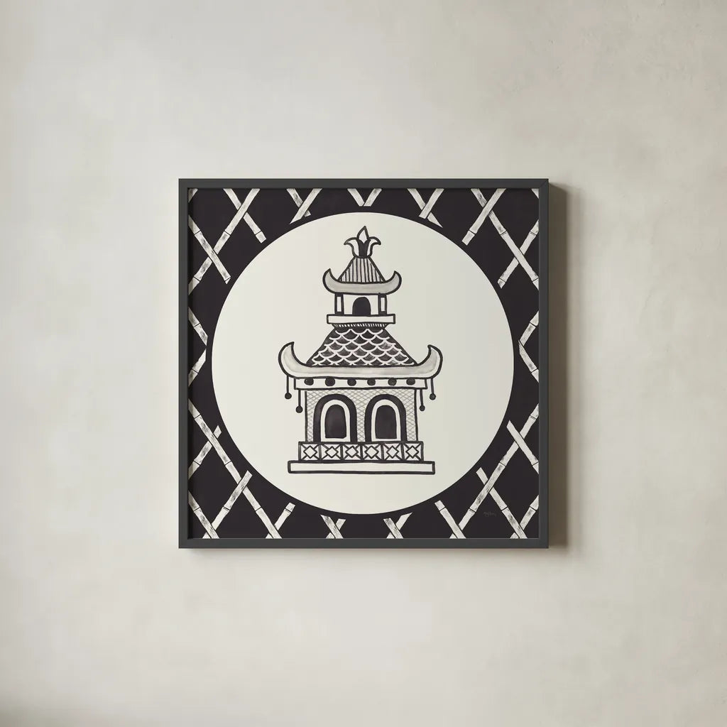 Everyday Chinoiserie V BW by Mary Urban. Shown in a sleek black glass frame for a contemporary gallery look. Available as an archival giclee rolled canvas, fine art paper, or poster print. SKU 75521a.