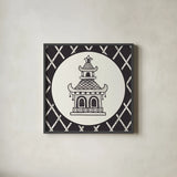 Everyday Chinoiserie V BW by Mary Urban. Shown in a sleek black glass frame for a contemporary gallery look. Available as an archival giclee rolled canvas, fine art paper, or poster print. SKU 75521a.