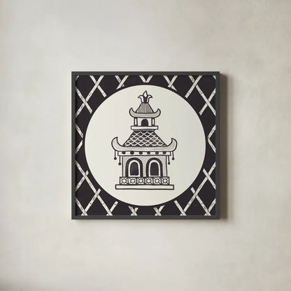 Everyday Chinoiserie V BW by Mary Urban. Shown in a sleek black glass frame for a contemporary gallery look. Available as an archival giclee rolled canvas, fine art paper, or poster print. SKU 75521a.