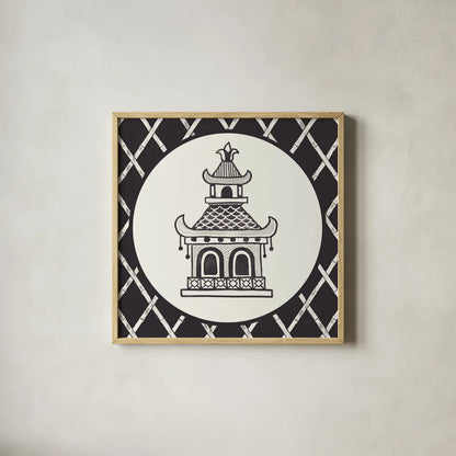 Everyday Chinoiserie V BW by Mary Urban. Shown in a natural wood glass frame for a timeless modern aesthetic. Available as an archival giclee rolled canvas, fine art paper, or poster print. SKU 75521a.