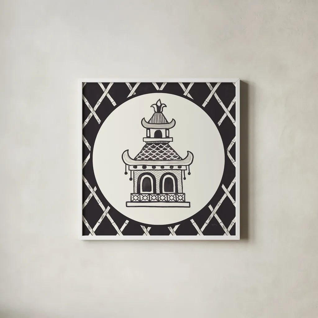 Everyday Chinoiserie V BW by Mary Urban. Shown in a crisp white glass frame for a clean and minimalist style. Available as an archival giclee rolled canvas, fine art paper, or poster print. SKU 75521a.