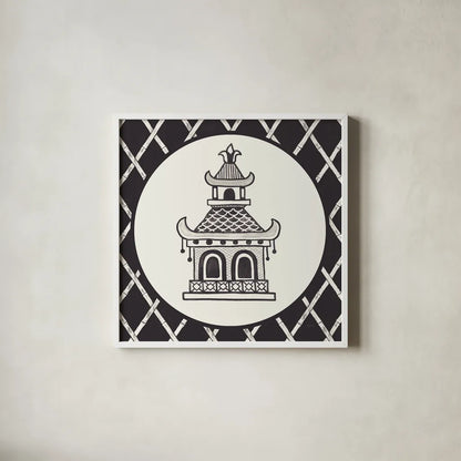 Everyday Chinoiserie V BW by Mary Urban. Shown in a crisp white glass frame for a clean and minimalist style. Available as an archival giclee rolled canvas, fine art paper, or poster print. SKU 75521a.