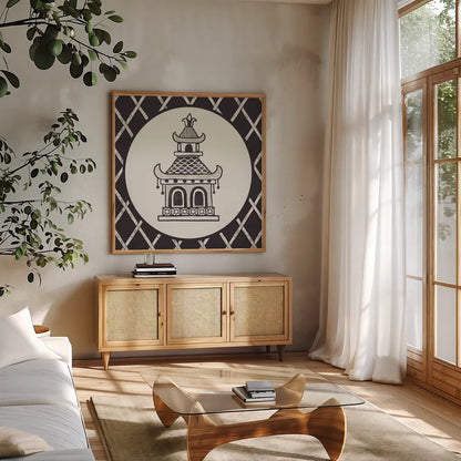 Everyday Chinoiserie V BW by Mary Urban. Shown in a natural wood frame in a cozy modern living room. Available as an archival giclee rolled canvas, fine art paper, or poster print. SKU 75521a.