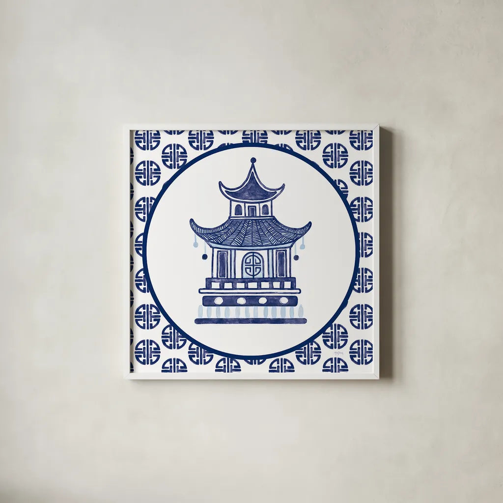 Everyday Chinoiserie VI by Mary Urban. Shown in a crisp white glass frame for a clean and minimalist style. Available as an archival giclee rolled canvas, fine art paper, or poster print. SKU 46784a.