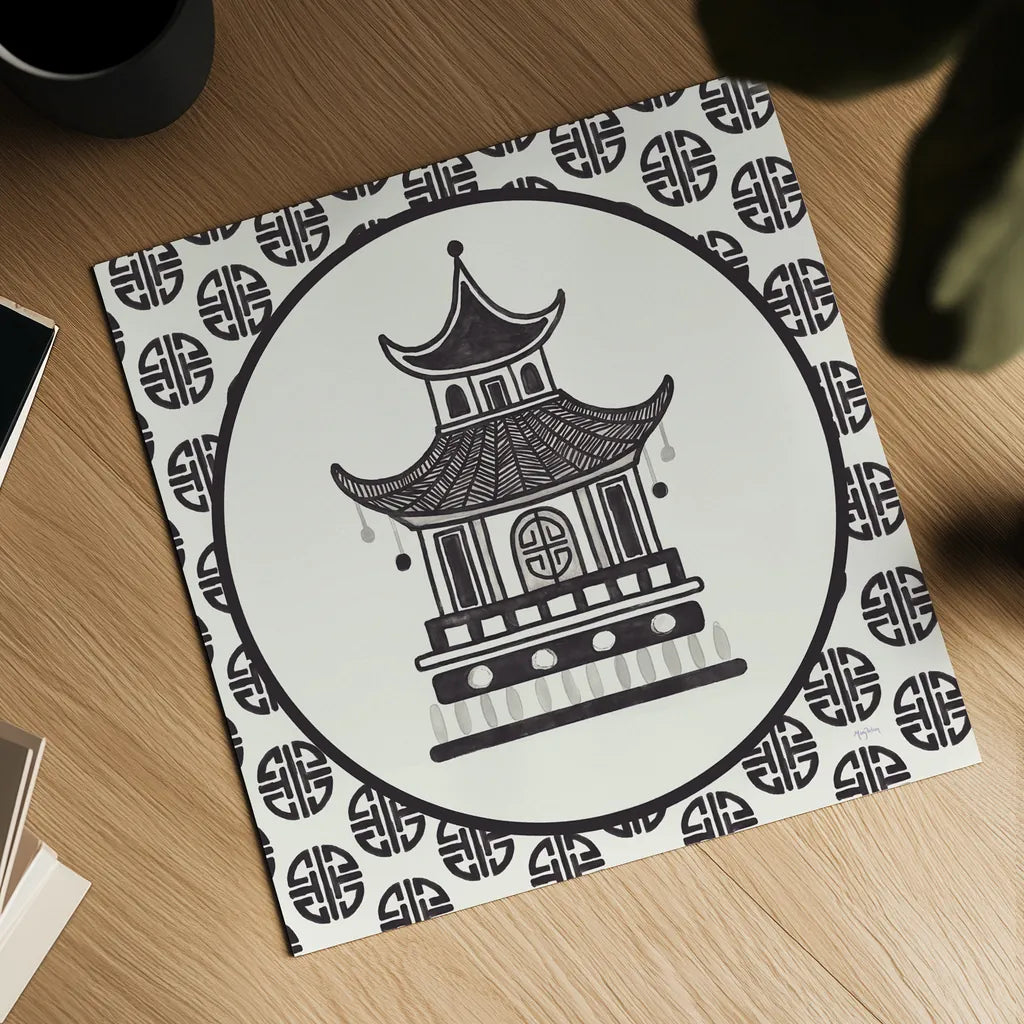 Everyday Chinoiserie VI BW by Mary Urban. Shown as a detailed flat fine art print, highlighting archival giclee quality. Available as an archival giclee rolled canvas, fine art paper, or poster print. SKU 75522a.