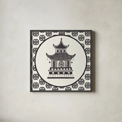 Everyday Chinoiserie VI BW by Mary Urban. Shown in a sleek black glass frame for a contemporary gallery look. Available as an archival giclee rolled canvas, fine art paper, or poster print. SKU 75522a.