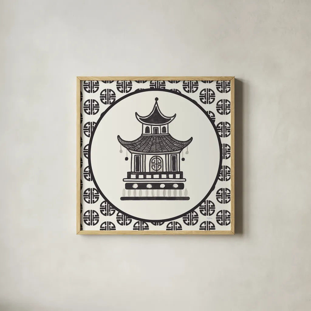 Everyday Chinoiserie VI BW by Mary Urban. Shown in a natural wood glass frame for a timeless modern aesthetic. Available as an archival giclee rolled canvas, fine art paper, or poster print. SKU 75522a.