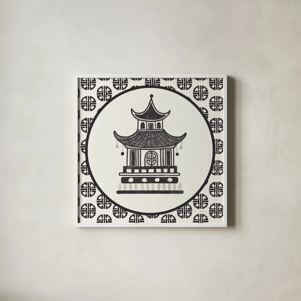 Everyday Chinoiserie VI BW by Mary Urban. Shown in a crisp white glass frame for a clean and minimalist style. Available as an archival giclee rolled canvas, fine art paper, or poster print. SKU 75522a.