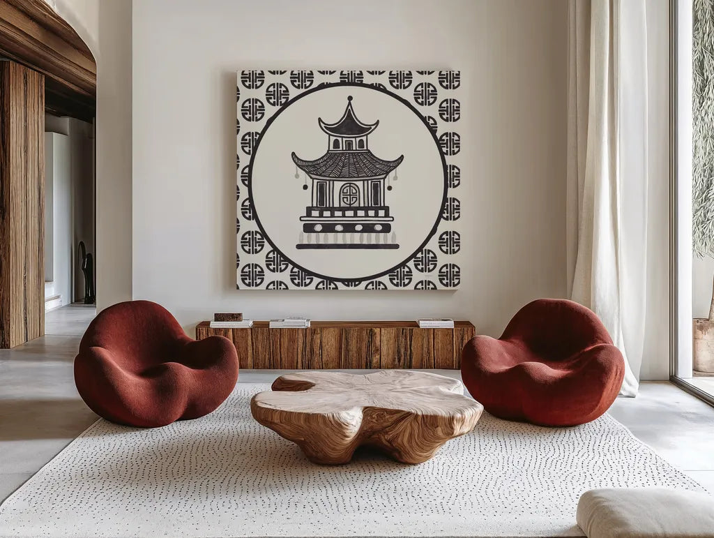 Everyday Chinoiserie VI BW by Mary Urban. Shown as extra-large giant wall art in a modern living room. Available as an archival giclee rolled canvas, fine art paper, or poster print. SKU 75522a.