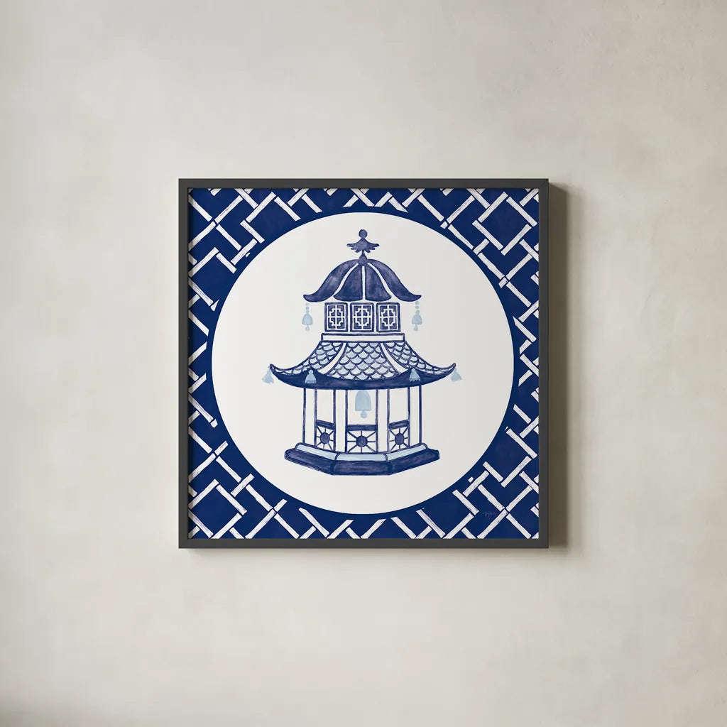 Everyday Chinoiserie VII by Mary Urban. Shown in a sleek black glass frame for a contemporary gallery look. Available as an archival giclee rolled canvas, fine art paper, or poster print. SKU 46785a.