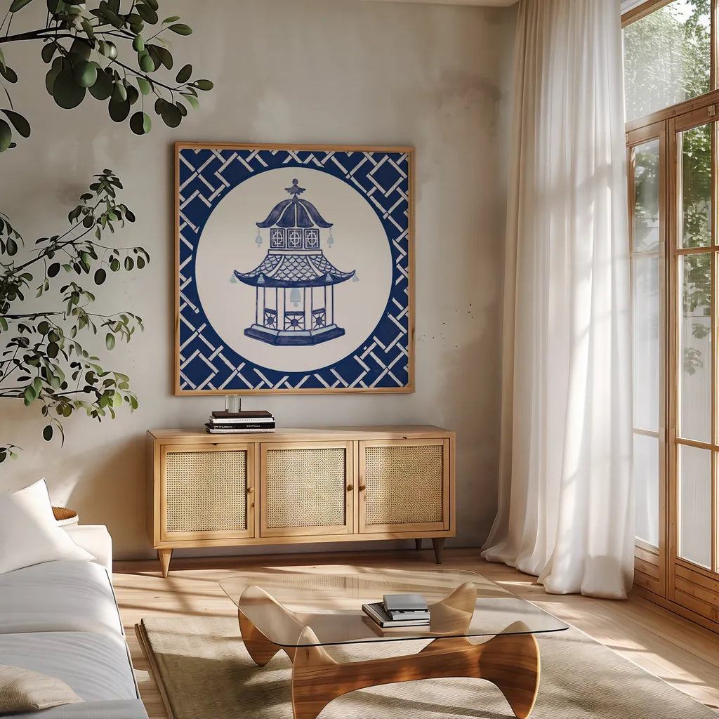 Everyday Chinoiserie VII by Mary Urban. Shown in a natural wood frame in a cozy modern living room. Available as an archival giclee rolled canvas, fine art paper, or poster print. SKU 46785a.