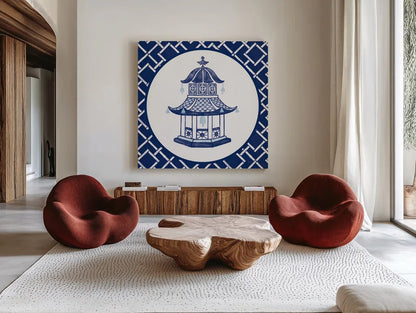 Everyday Chinoiserie VII by Mary Urban. Shown as extra-large giant wall art in a modern living room. Available as an archival giclee rolled canvas, fine art paper, or poster print. SKU 46785a.