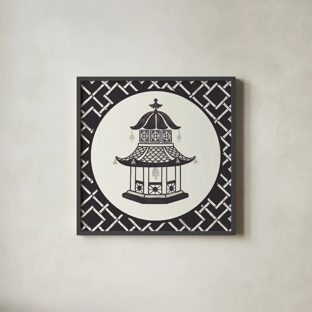 Everyday Chinoiserie VII BW by Mary Urban. Shown in a sleek black glass frame for a contemporary gallery look. Available as an archival giclee rolled canvas, fine art paper, or poster print. SKU 75523a.