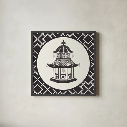 Everyday Chinoiserie VII BW by Mary Urban. Shown in a sleek black glass frame for a contemporary gallery look. Available as an archival giclee rolled canvas, fine art paper, or poster print. SKU 75523a.
