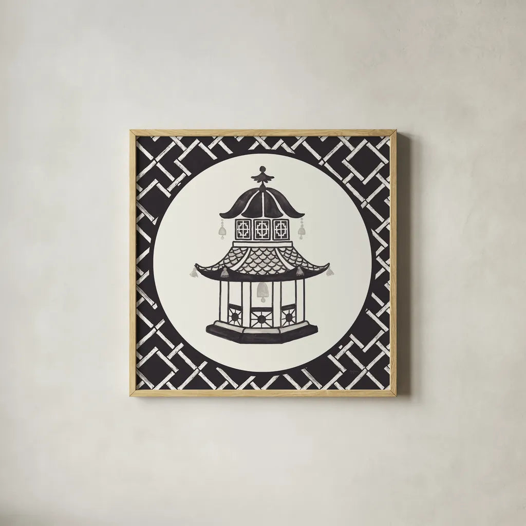 Everyday Chinoiserie VII BW by Mary Urban. Shown in a natural wood glass frame for a timeless modern aesthetic. Available as an archival giclee rolled canvas, fine art paper, or poster print. SKU 75523a.