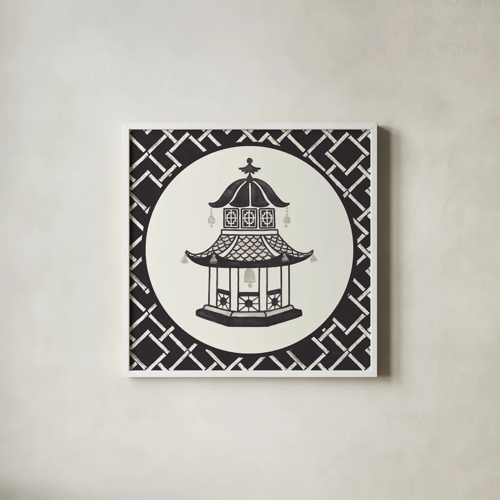 Everyday Chinoiserie VII BW by Mary Urban. Shown in a crisp white glass frame for a clean and minimalist style. Available as an archival giclee rolled canvas, fine art paper, or poster print. SKU 75523a.