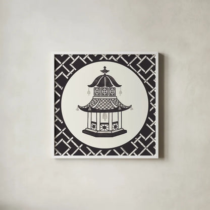 Everyday Chinoiserie VII BW by Mary Urban. Shown in a crisp white glass frame for a clean and minimalist style. Available as an archival giclee rolled canvas, fine art paper, or poster print. SKU 75523a.