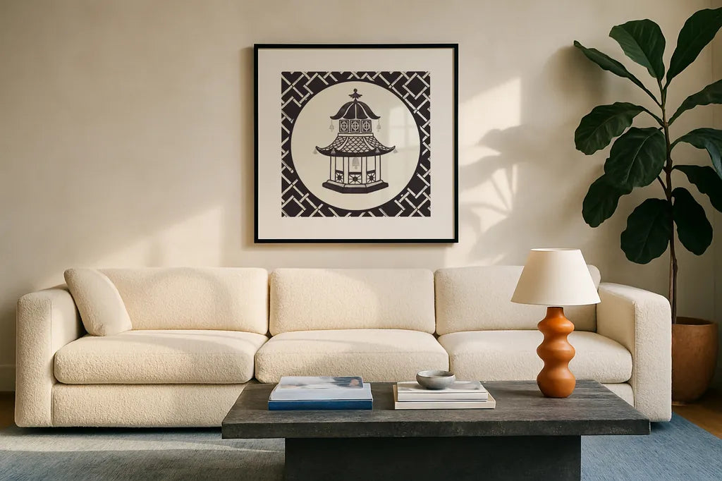 Everyday Chinoiserie VII BW by Mary Urban. Displayed in a glass frame with matte in a clean modern living room. Available as an archival giclee rolled canvas, fine art paper, or poster print. SKU 75523a.