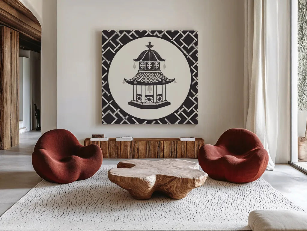 Everyday Chinoiserie VII BW by Mary Urban. Shown as extra-large giant wall art in a modern living room. Available as an archival giclee rolled canvas, fine art paper, or poster print. SKU 75523a.
