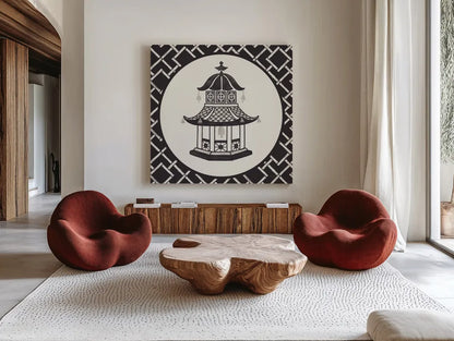 Everyday Chinoiserie VII BW by Mary Urban. Shown as extra-large giant wall art in a modern living room. Available as an archival giclee rolled canvas, fine art paper, or poster print. SKU 75523a.