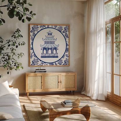 Everyday Chinoiserie VIII by Mary Urban. Shown in a natural wood frame in a cozy modern living room. Available as an archival giclee rolled canvas, fine art paper, or poster print. SKU 46786a.
