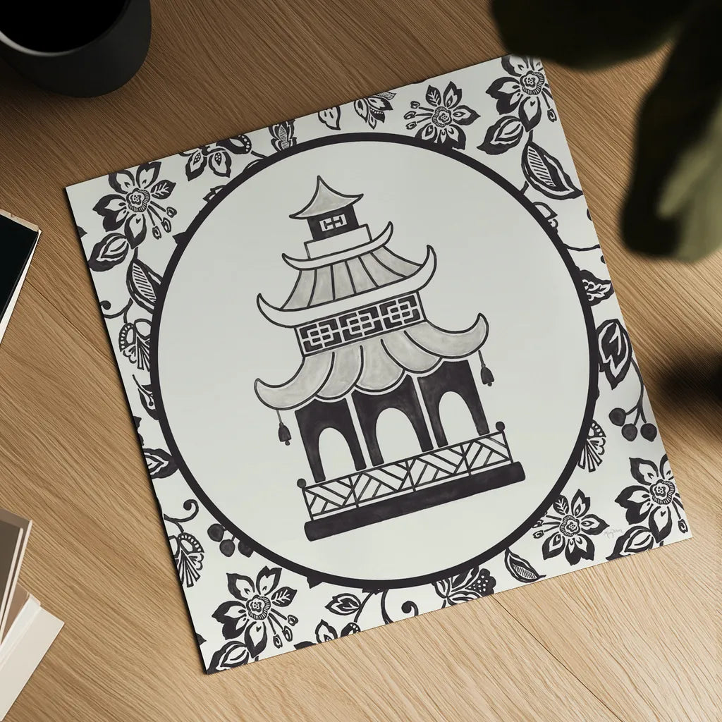 Everyday Chinoiserie VIII BW by Mary Urban. Shown as a detailed flat fine art print, highlighting archival giclee quality. Available as an archival giclee rolled canvas, fine art paper, or poster print. SKU 75524a.