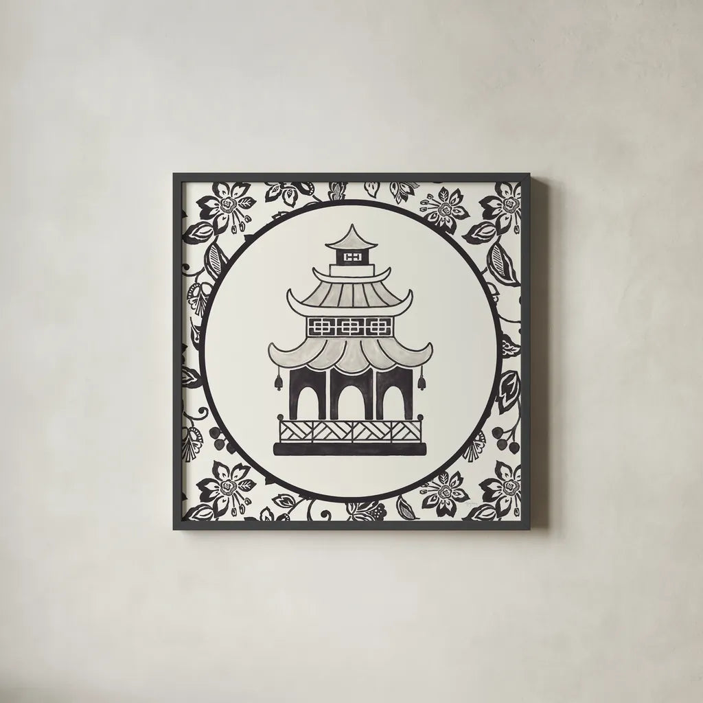 Everyday Chinoiserie VIII BW by Mary Urban. Shown in a sleek black glass frame for a contemporary gallery look. Available as an archival giclee rolled canvas, fine art paper, or poster print. SKU 75524a.